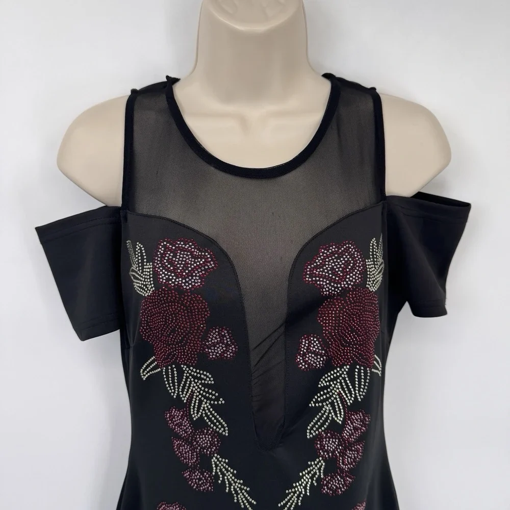 Available by Angela Fashion Cold Shoulder Dress Womens Small Black Beaded Mesh - Picture 2 of 12
